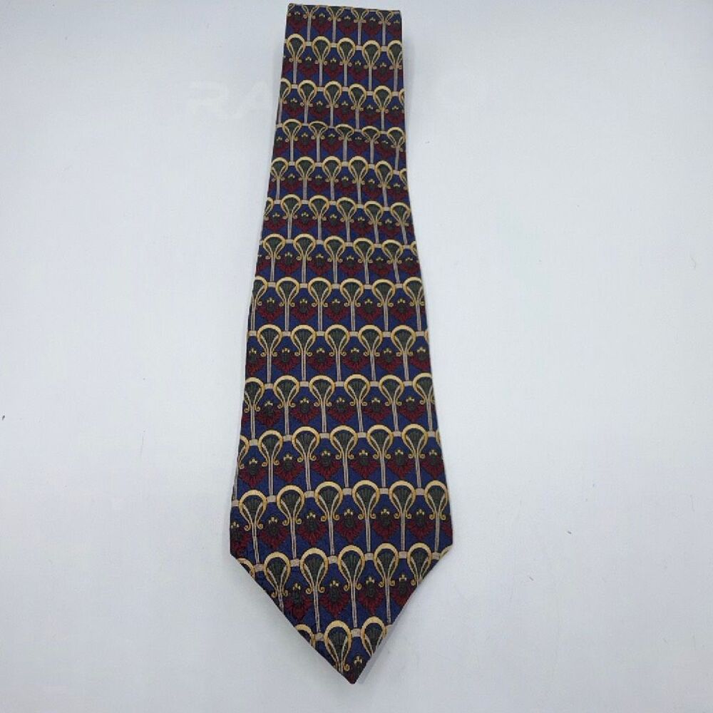 MONSIEUR GIVENCHY Blue, Red and Gold Finial and Hoop Pattern Silk Necktie